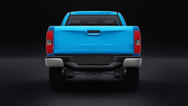 Coche camioneta azul sobre un fondo blanco. Representación 3D.