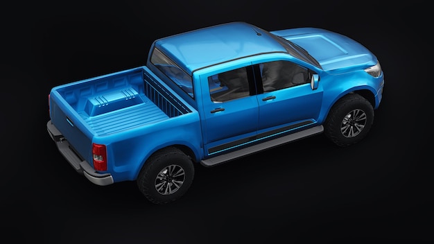 Coche camioneta azul sobre un fondo blanco. Representación 3D.