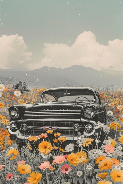 un coche en un campo de flores con montañas en el fondo