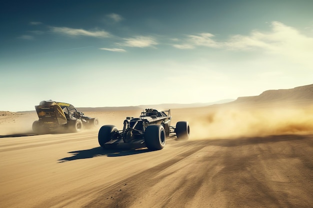 Un coche de carreras atraviesa el desierto con una escena desértica de fondo.