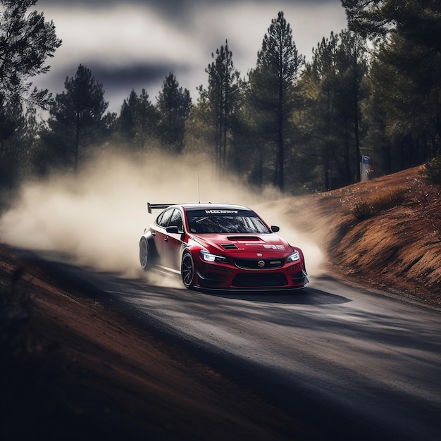 El coche de carreras da un giro con las nubes y las salpicaduras de arena, grava y polvo durante el campeonato de rally