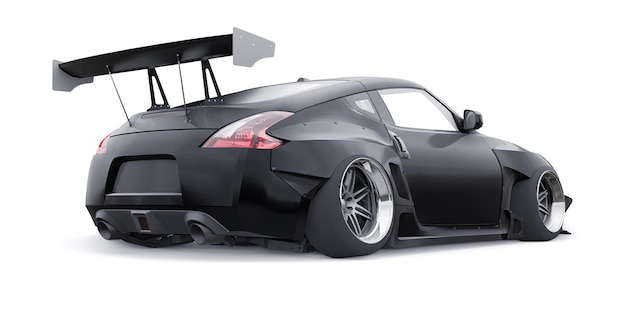 Coche de carreras deportivo afinado en negro con suspensión neumática de extensiones de arco y una enorme representación 3d de alerón
