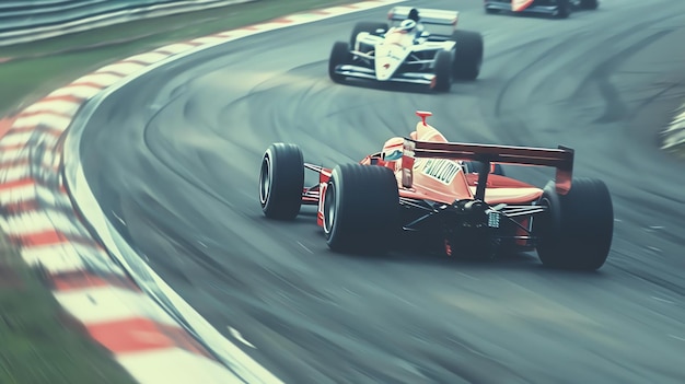 Foto un coche de carreras de fórmula uno acelera alrededor de una curva el coche es rojo y blanco