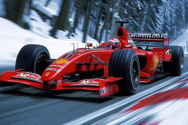 Un coche de carreras de Fórmula Uno en una pista nevada