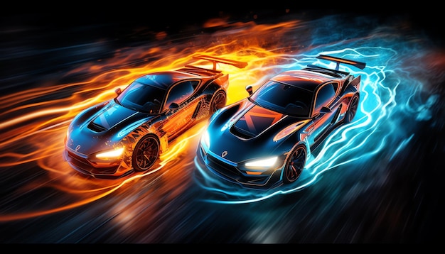 Foto un coche de carreras de fuego y hielo con llamas en la parte delantera