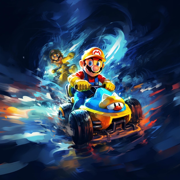 Un coche de carreras con ilustración de paseo en el juego de Super Mario.