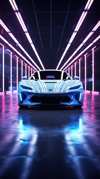 Coche de carreras con luces de neón de fondo