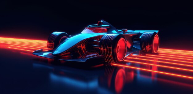 un coche de carreras con luces de neón rojas y azules