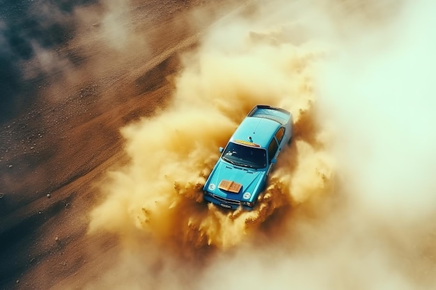 Coche de carreras en una nube de polvo Ilustración de la deriva de carreras Ai generativa