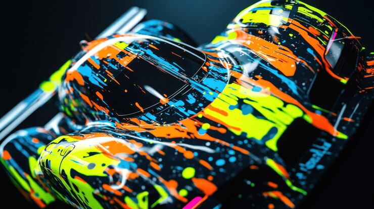 Foto coche de carreras con pegatinas abstractas y brillantes se asemejan a salpicaduras de una mezcla de colores de pintura y pinceladas de fondo papel tapiz imagen generada por ia