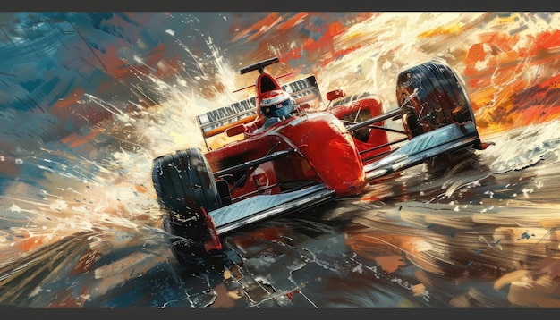 Un coche de carreras rojo está acelerando por una pista por una imagen generada por AI