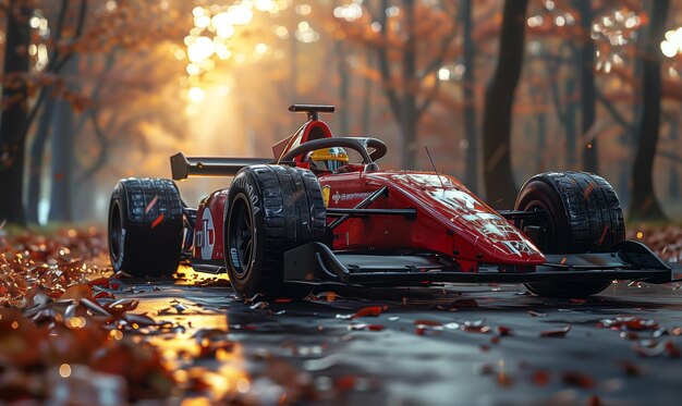 El coche de carreras rojo va rápido a la Fórmula Uno carreras al atardecer