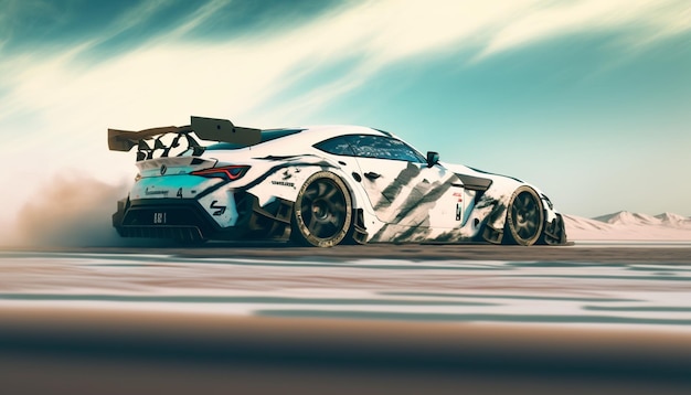 Un coche de carreras toyota supra con pintura blanca y negra