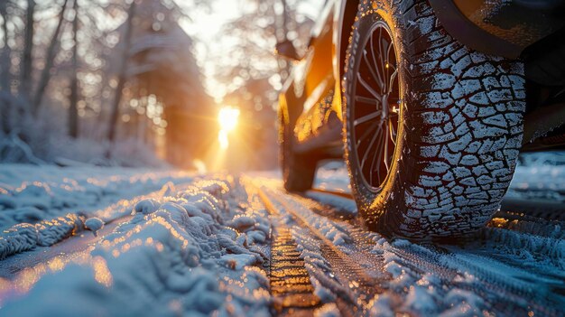 Coche en la carretera cubierto de nieve en el bosque de invierno al atardecer