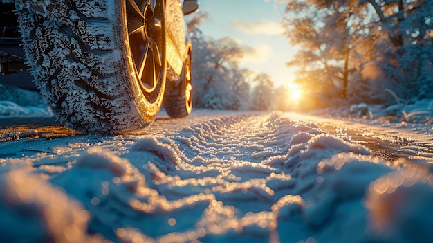 Coche en la carretera cubierto de nieve en el bosque de invierno al atardecer