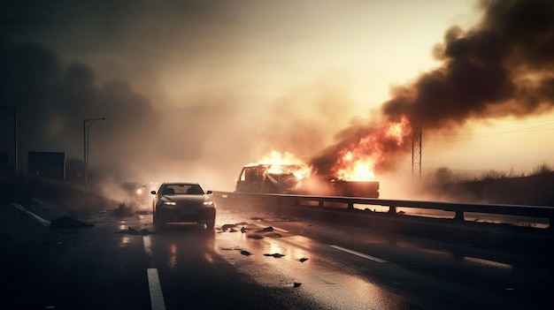 Coche en la carretera con un gran incendio en el fondogenerativo ai