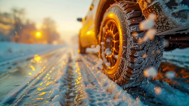 Coche en carretera de invierno cubierto de nieve al atardecer Closeup