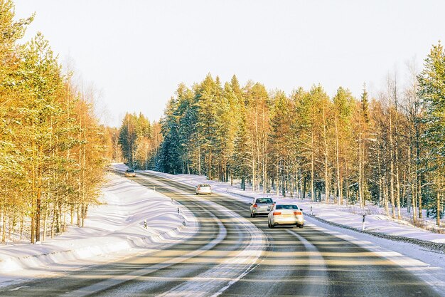 Coche en la carretera en invierno Rovaniemi, Laponia, Finlandia