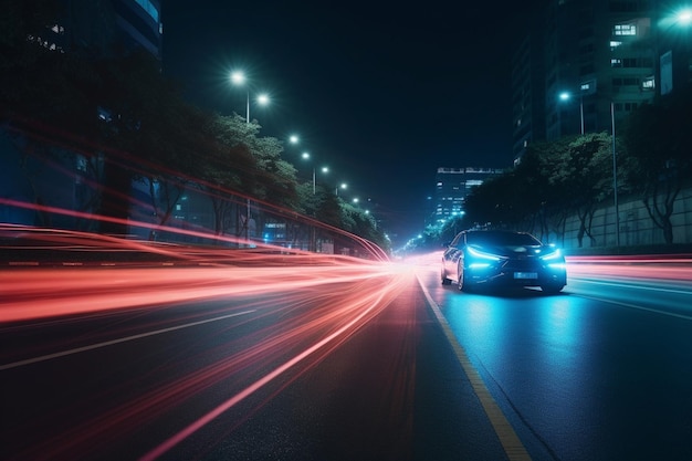 Un coche en una carretera con las luces encendidas