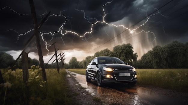 Un coche en una carretera mojada con una tormenta de fondo