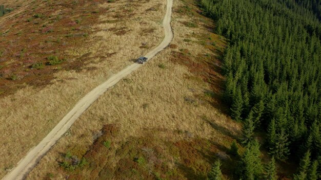 Coche de carretera de montaña aérea entre grandes árboles naturales que crecen verano día soleado Camino montañoso para turistas transporte ir campamento cálido parque nacional drone vista panorámica Concepto de naturaleza de belleza pacífica