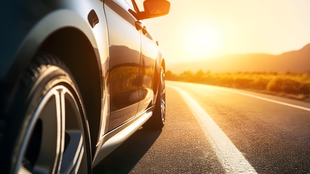 Un coche en una carretera con el sol poniéndose detrás