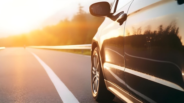 Un coche en una carretera con el sol poniéndose detrás