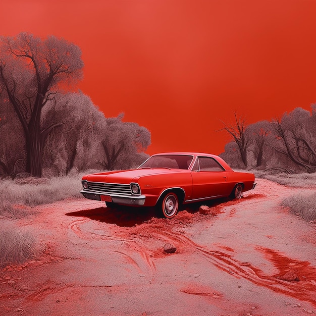 El coche en el cielo rojo.