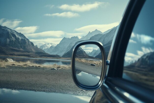 un coche circula por una carretera con montañas al fondo.