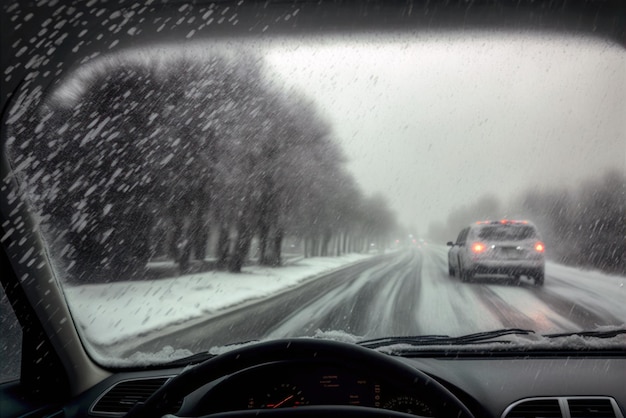 Un coche circula por una carretera nevada con un cartel que dice "no puedo conducir".