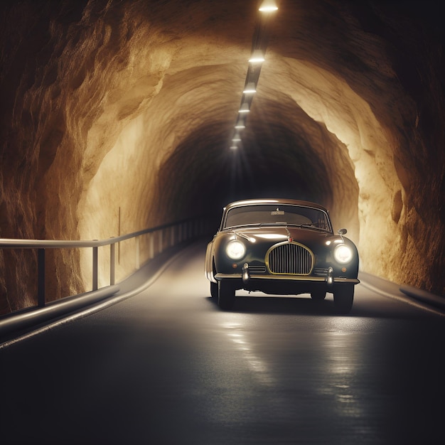 Un coche circula por un túnel con una luz en el techo.