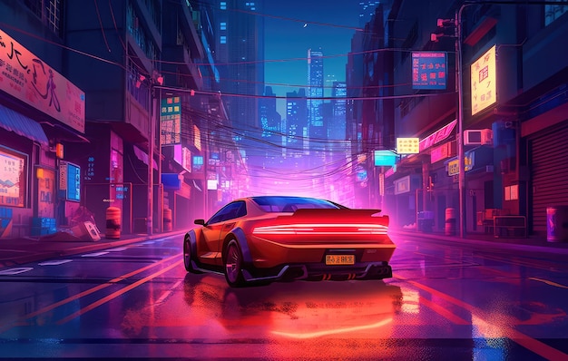 Coche en una ciudad ciberpunk vacía cerca de las luces nocturnas al estilo de un manga psicodélico IA generativa