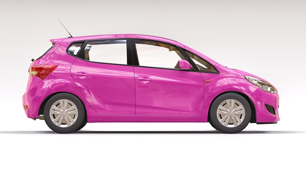 Coche de ciudad rosa con superficie en blanco para tu diseño creativo. Ilustración 3D.