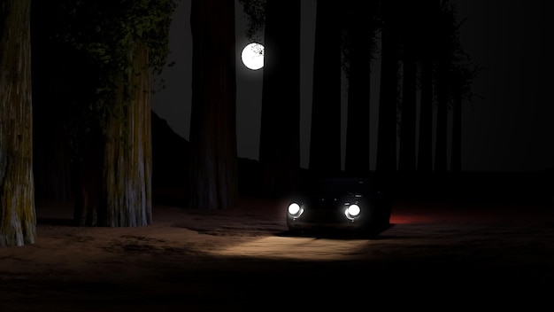 Coche clásico en el bosque .. render 3d