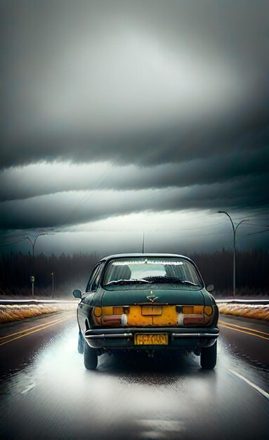 Coche clásico en la carretera en un día de lluvia