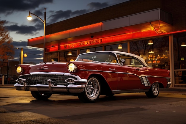 Foto coche clásico estacionado frente al restaurante retro