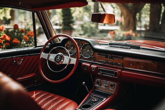 Foto un coche clásico con el nombre en el tablero de instrumentos