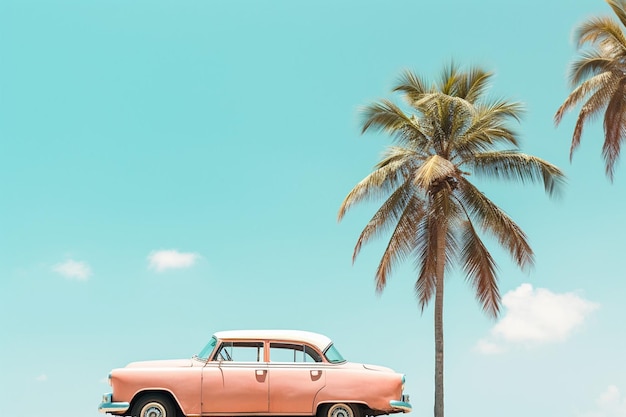 Coche clásico bajo una palmera con fondo de cielo azul espacio de copia