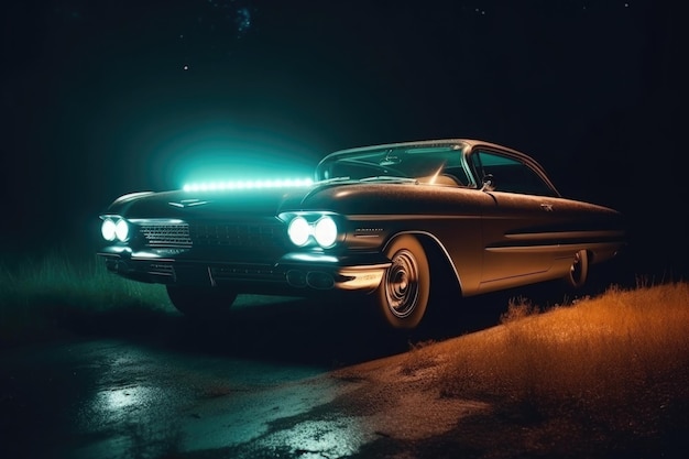 Coche clásico retro iluminado por la noche IA generativa