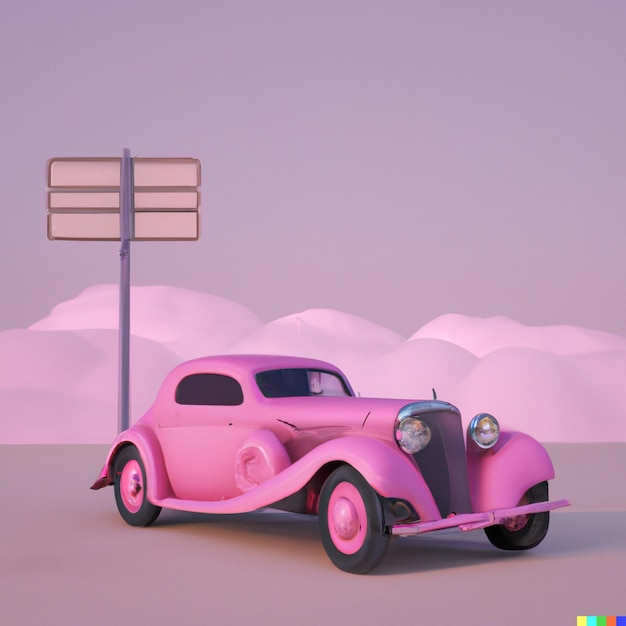 Foto coche clásico rosa en el arte digital del mundo rosa