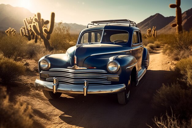 Foto coche clásico vintage azul en una calle colorida retro generativa ai