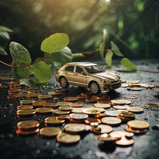 un coche con un coche en la parte superior está rodeado de monedas