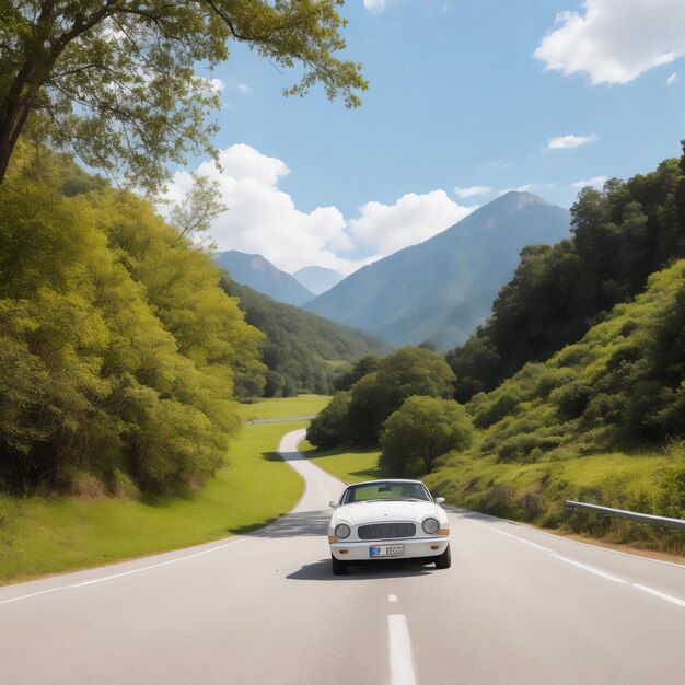 Foto coche de color blanco en una hermosa carretera al aire libre