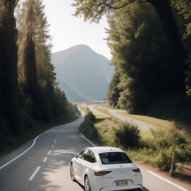 Foto coche de color blanco en una hermosa carretera al aire libre