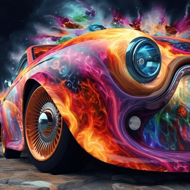 Foto coche de colores brillantes con llamas y humo saliendo del capó generativo ai