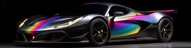 Un coche colorido con una franja arco iris en el capó