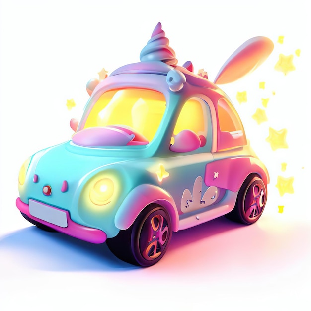 Un coche colorido con un unicornio en la parte delantera.