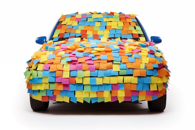 Un coche completamente cubierto con cientos de notas postit de colores