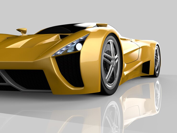 Foto coche de concepto de carreras amarillo. imagen de un coche sobre un fondo gris brillante. representación 3d.