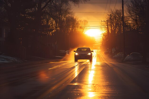 El coche conduce por la calle al atardecer